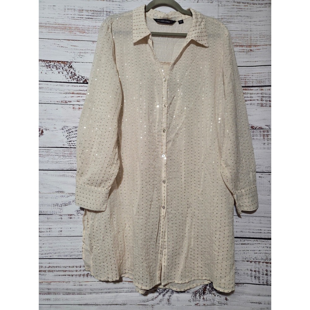 Colleen Lopez Womens XL Cream Sequin Crinkle Button Down Tunic Top Sheer Ivory